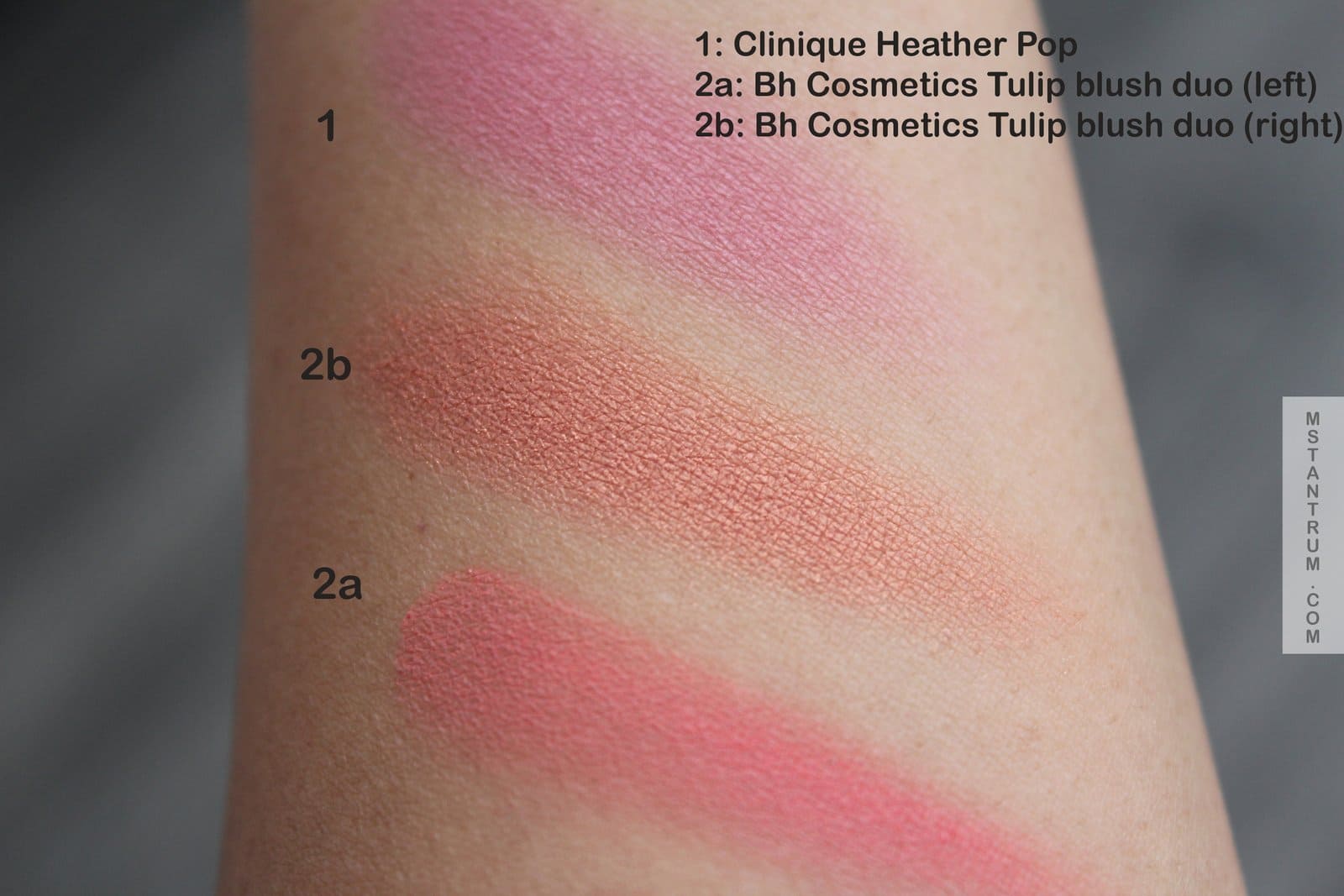 BH cosmetics Tulip and Clinique Heather pop blush swatches