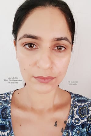 Laura Geller Filter First Concealer on one side and No Makeup on other side - Ms Tantrum Blog