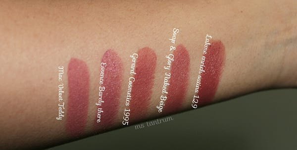 Nude lipsticks swatches for medium skin tones