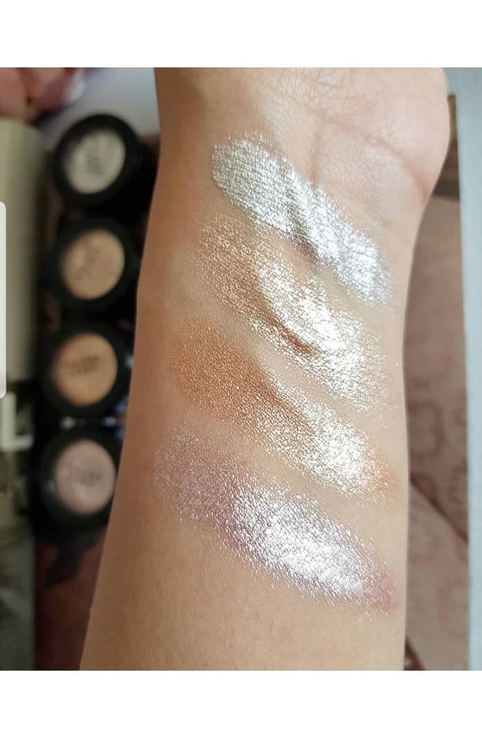 Metal Foil Eyeshadows swatches from Phase Zero Makeup - Left to Right (Godmother, Queen, Star Girl, Princess) - Ms Tantrum Blog