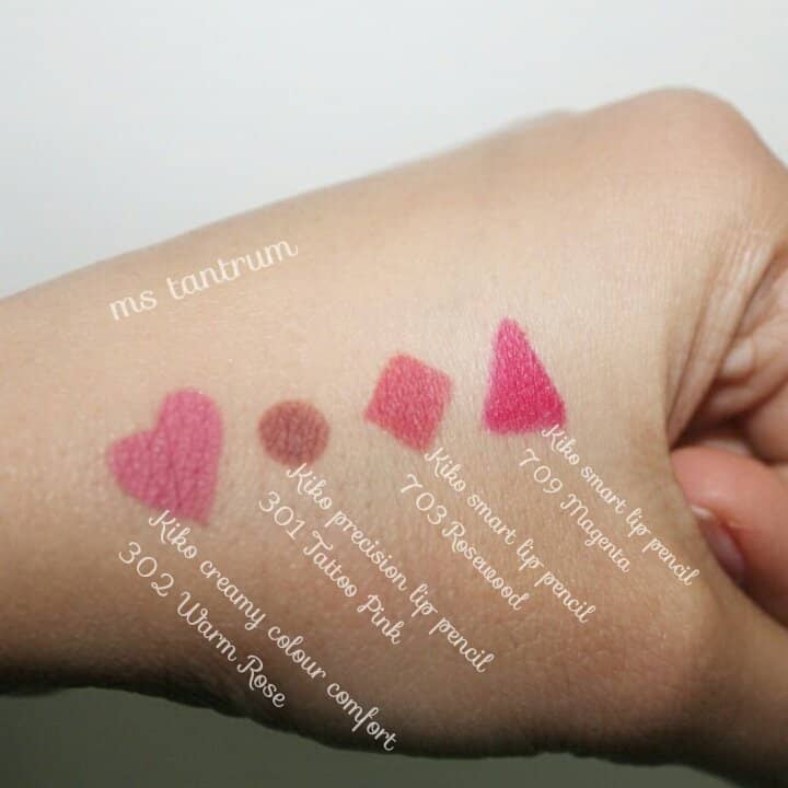 Kiko lip liners swatches by Ms Tantrum