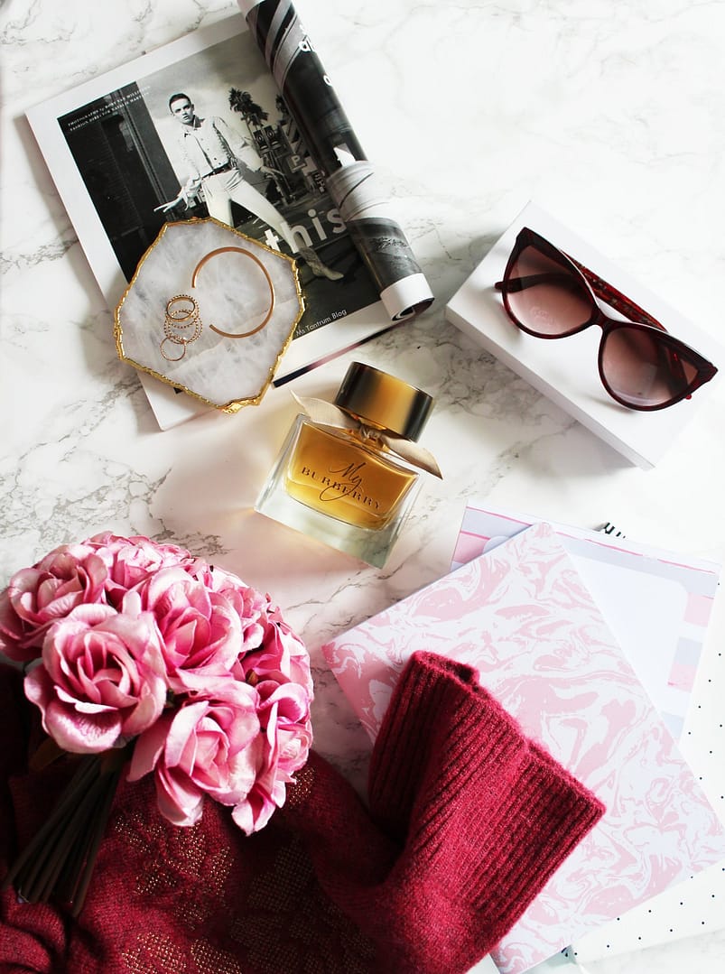 Blogger stock photo - Organization, Burberry Perfume, Flatlay
