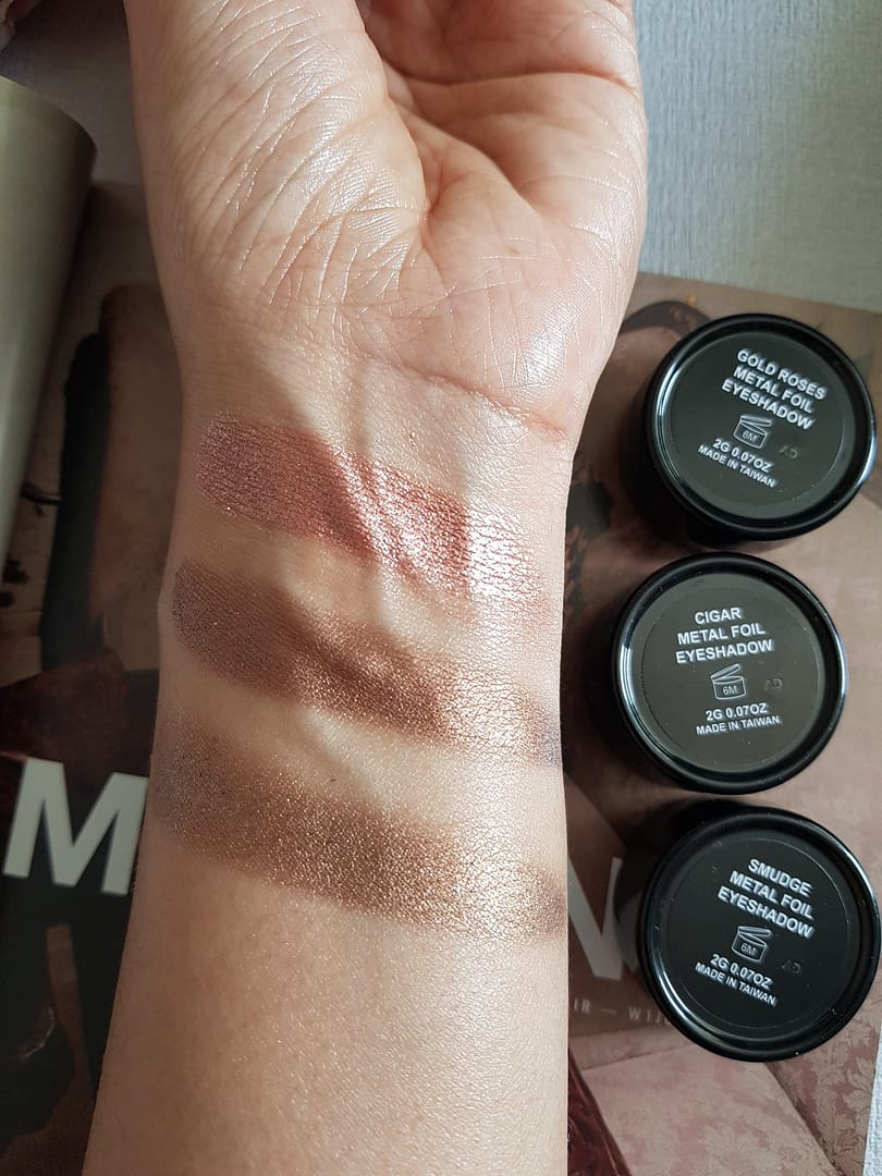 Metal Foil Eyeshadows swatches from Phase Zero Makeup - Left to Right (Gold Roses, Cigar and Smudge) - Ms Tantrum Blog