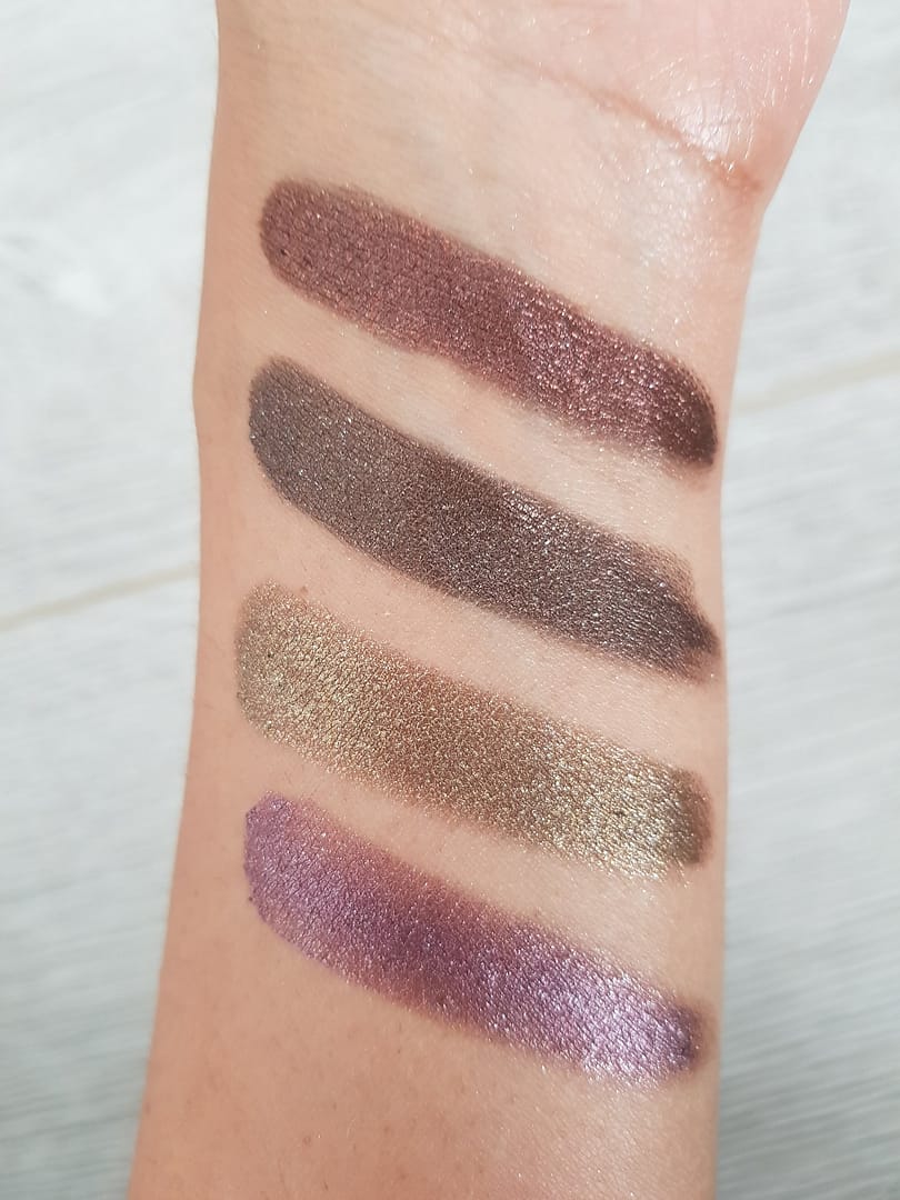 Metal Foil Eyeshadows swatches from Phase Zero Makeup - Left to Right (Goth Girl, Dark Knight, Army, Rockstar) - Ms Tantrum Blog